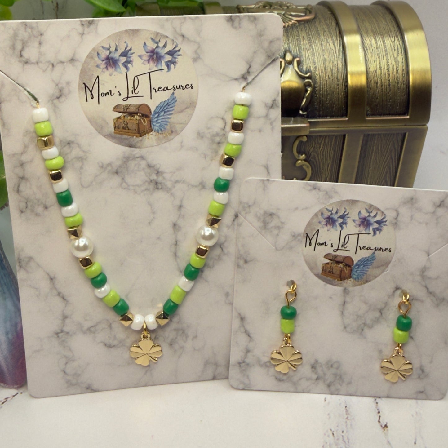 Green White Beaded Gold Shamrock Doll Necklace & Earrings Set • 18 Inch Fashion Doll Jewelry