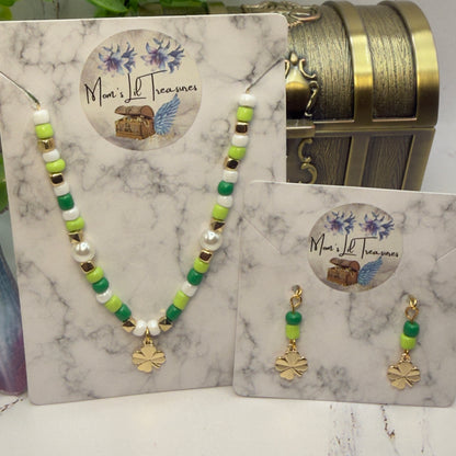 Green White Beaded Gold Shamrock Doll Necklace & Earrings Set • 18 Inch Fashion Doll Jewelry