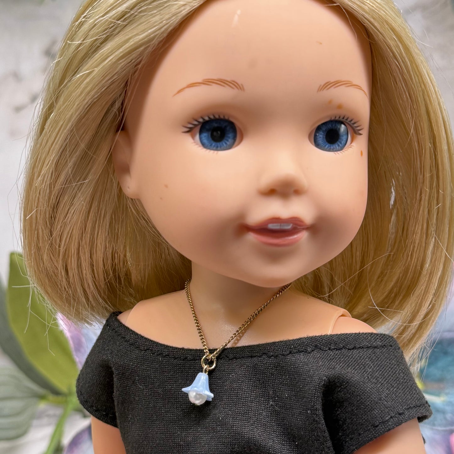 Blue Bell Flower Pearl Center Charm Gold Chain Doll Necklace • 14 Inch Fashion Doll Jewelry