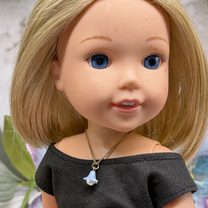 Blue Bell Flower Pearl Center Charm Gold Chain Doll Necklace • 14 Inch Fashion Doll Jewelry