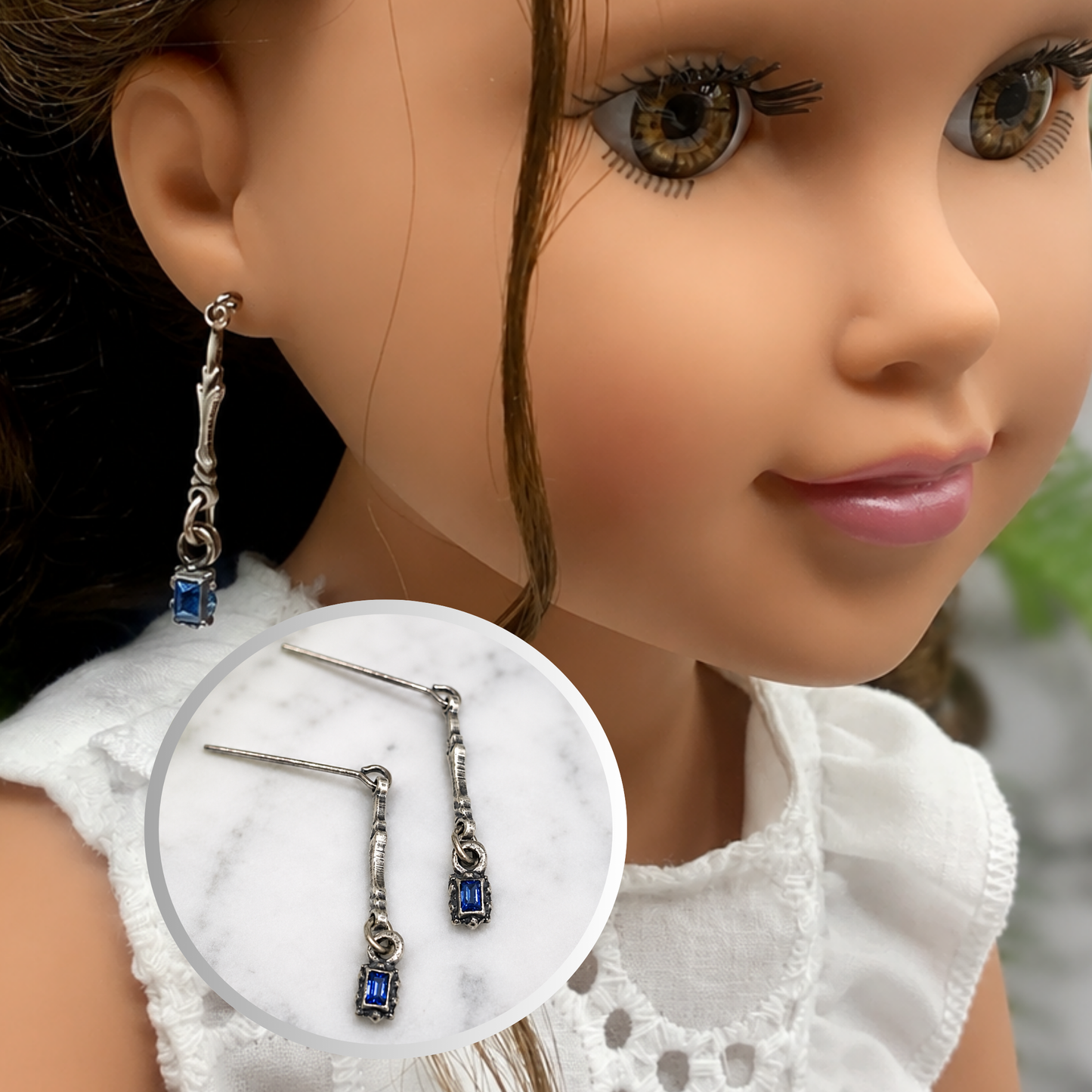 Blue Rhinestone Silver Dangle Doll Earrings • 18 Inch Fashion Doll Jewelry