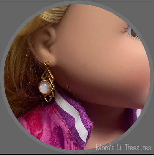 Light Pink Opalescent Dangle Gold Filigree Doll Earrings • 18 Inch Doll Jewelry