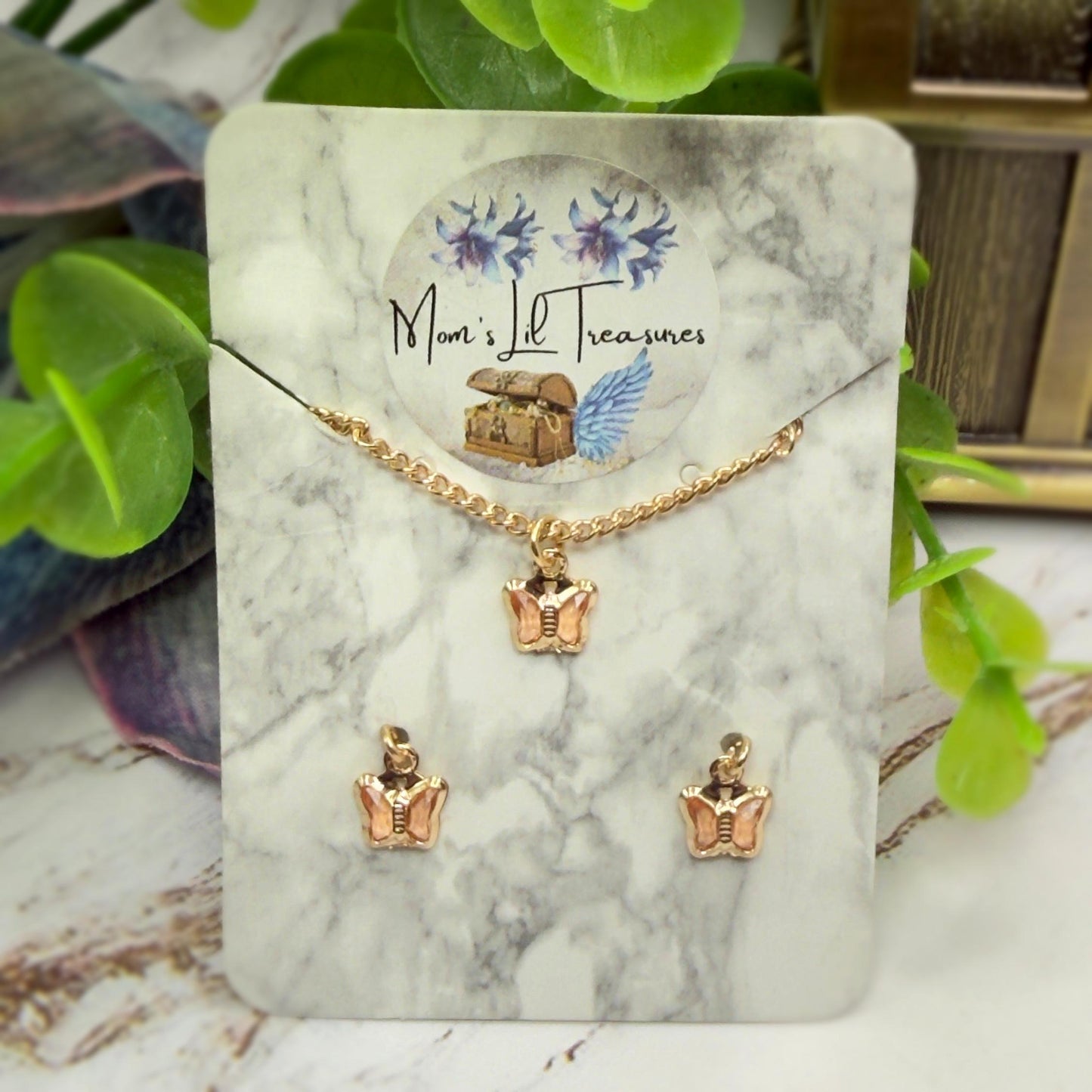 Peach Pink Crystal Butterfly Gold Chain Doll Necklace & Earrings • 10-12 Inch Fashion Doll Jewelry 1:6