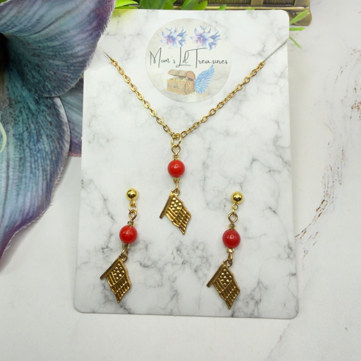Red Bead Gold Flag Dangle Doll Necklace & Earrings Set for 18 Inch Fashion Doll