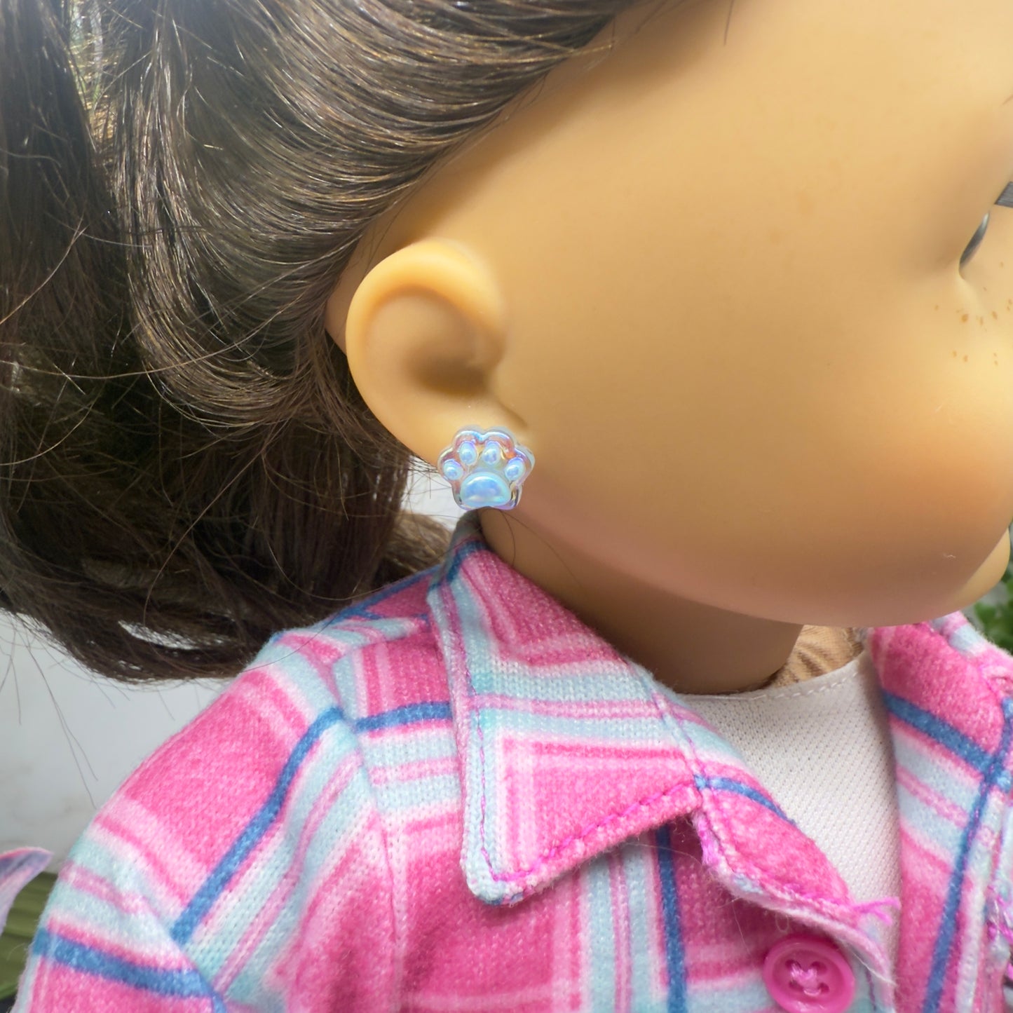 Light Blue Paw Print Acrylic Post Doll Earrings • 2mm Post fit 18 Inch Fashion Doll