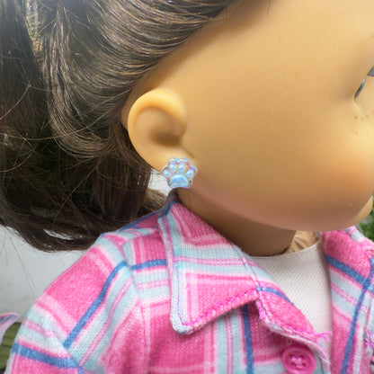 Light Blue Paw Print Acrylic Post Doll Earrings • 2mm Post fit 18 Inch Fashion Doll