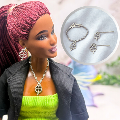 Silver Clover Shamrock Charm Doll Necklace & Earrings • 10-12 Inch Fashion Doll Jewelry 1:6