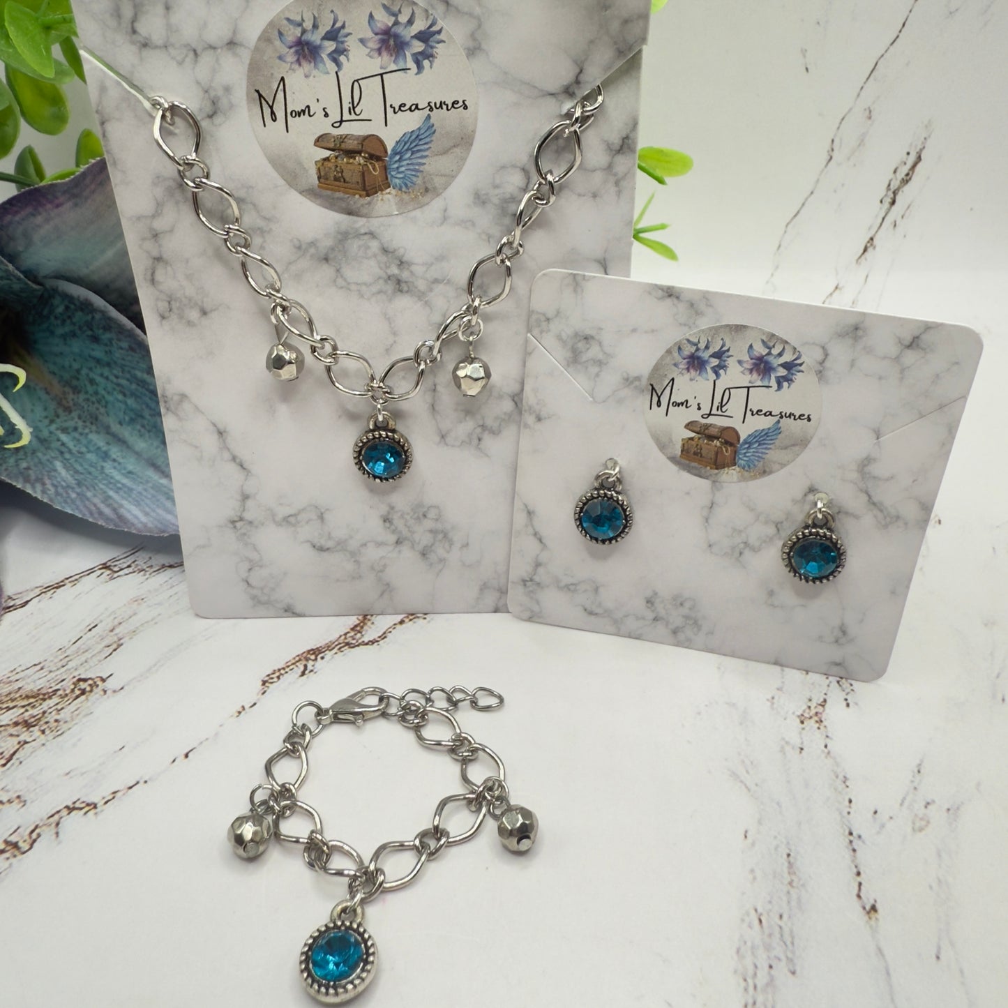 Round Turquoise Rhinestone Pendant Silver Link Doll Necklace Earrings Bracelet Set • 18 Inch Fashion Doll Jewelry