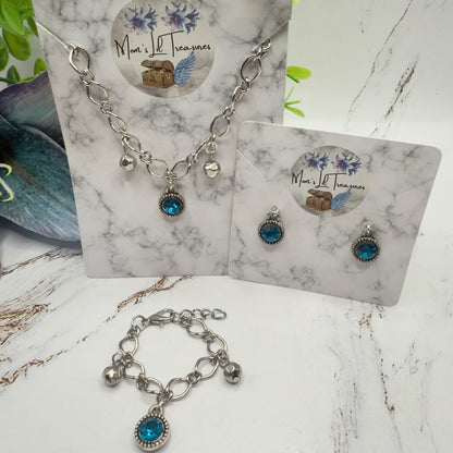 Round Turquoise Rhinestone Pendant Silver Link Doll Necklace Earrings Bracelet Set • 18 Inch Fashion Doll Jewelry