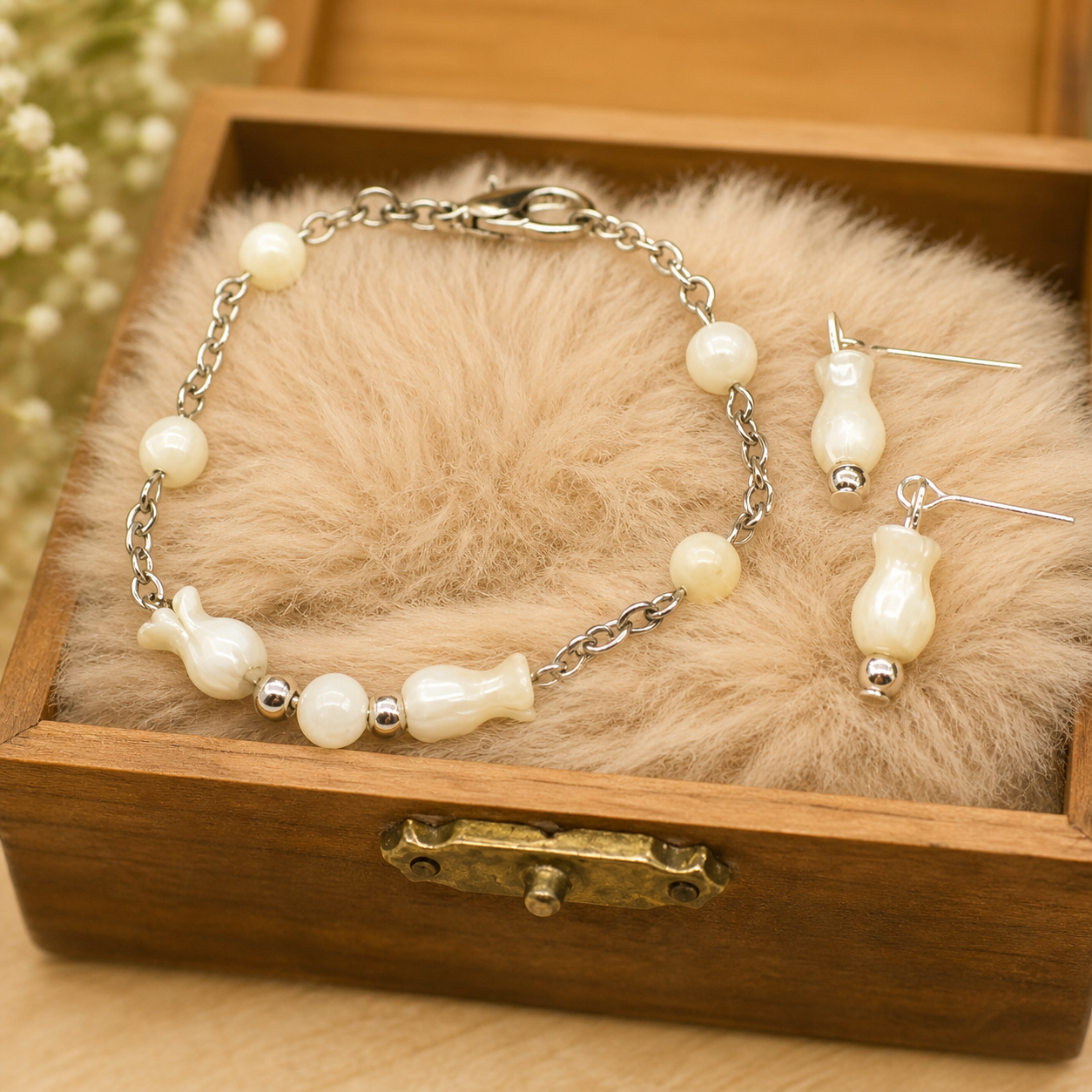 Cream Pearly Tulip Shape Beaded Doll Necklace Earring Set • 18 Inch Doll Jewelry