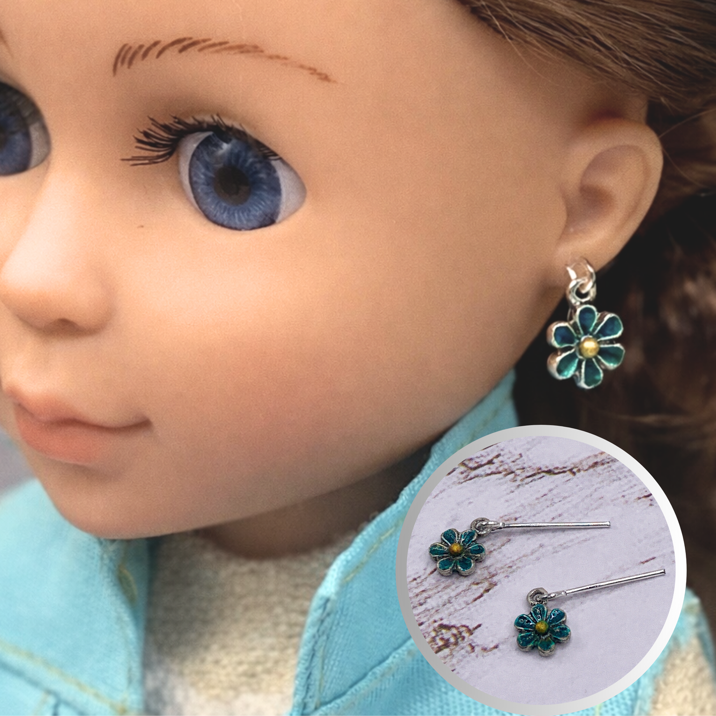 Turquoise Blue Flower Enamel Dangle Doll Earrings · 14 Inch Doll Jewelry