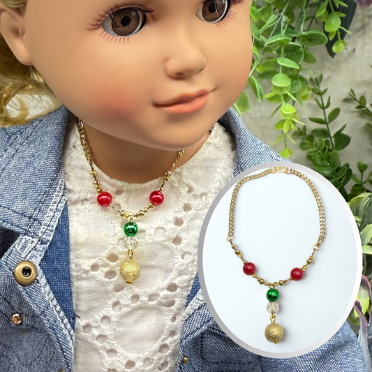 Red Green Christmas Pearl Bead Gold Chain Doll Necklace • 18 Inch Fashion Doll Jewelry