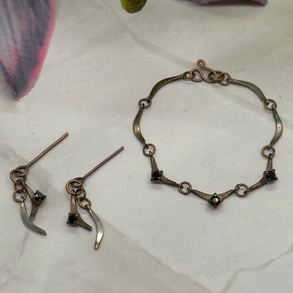 Black Rhinestone Bronze Copper Link Doll Necklace Earrings Set 16” Doll Jewelry