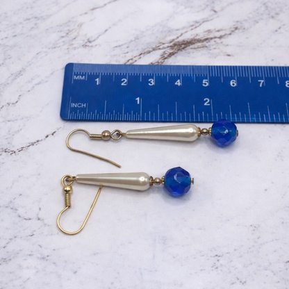 Elongated Teardrop Pearl & Blue Glass Crystal Dangle Earrings • Handmade