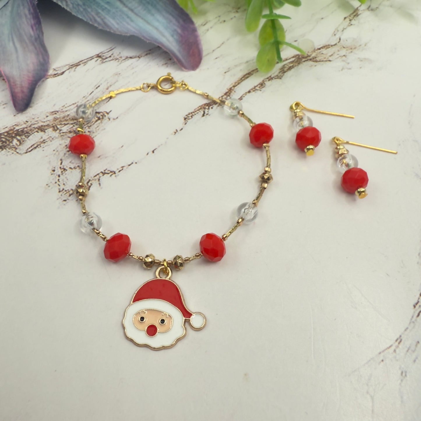 Red & Clear Acrylic Beads Santa Charm Gold Doll Necklace and Earrings Set • 18 Inch Fashion Doll Jewelry