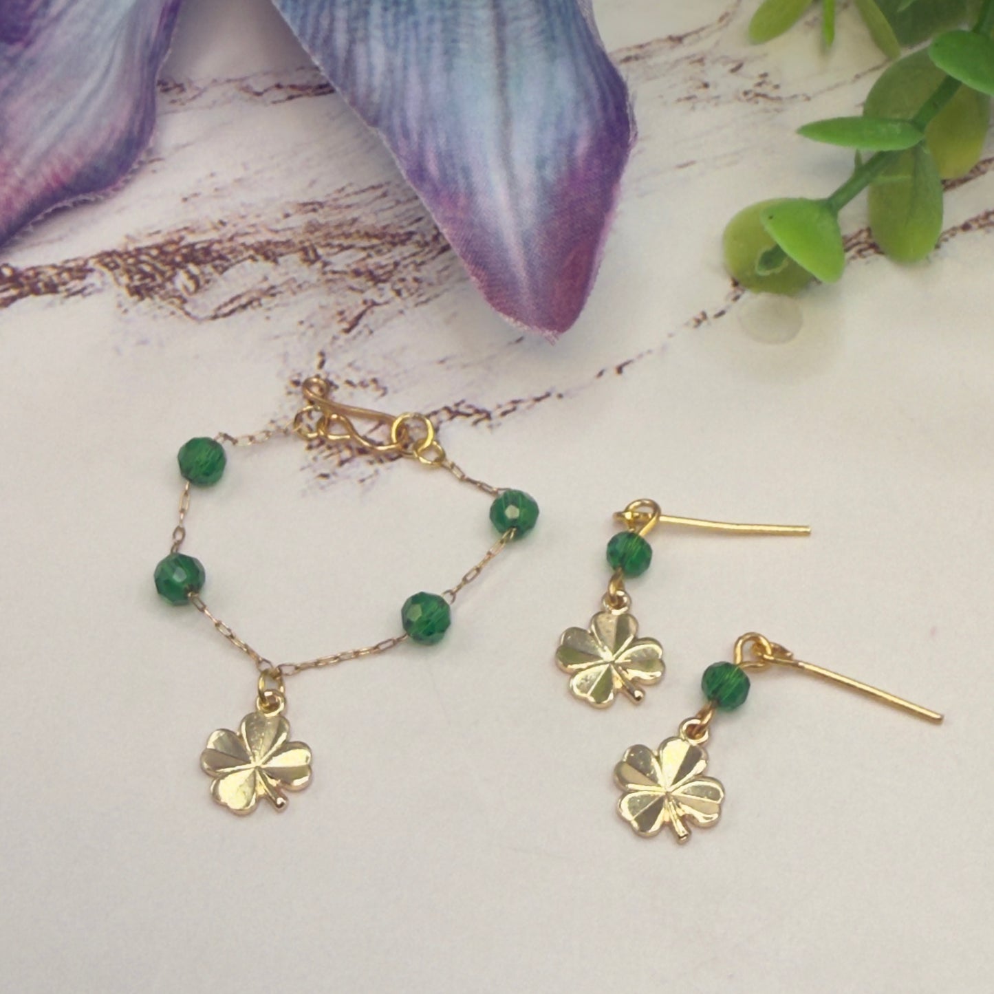 Green Bead Gold Four-Leaf Clover Doll Necklace & Earrings • 16 Inch Fashion Doll Jewelry