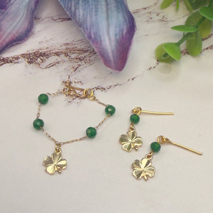 Green Bead Gold Four-Leaf Clover Doll Necklace & Earrings • 16 Inch Fashion Doll Jewelry
