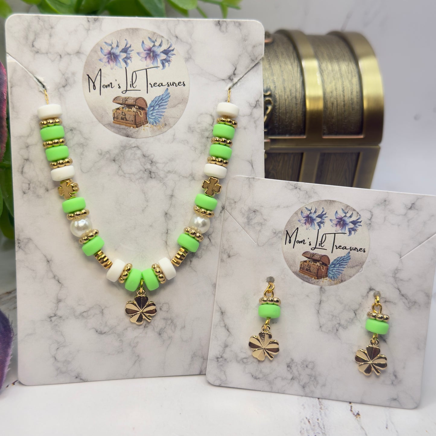 Green White Beaded Gold Four-Leaf Clover Charms Doll Necklace & Earrings • 18 Inch Fashion Doll Jewelry