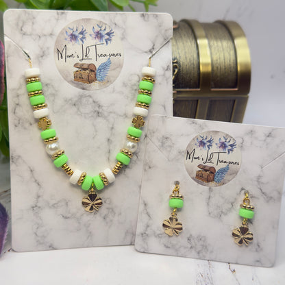 Green White Beaded Gold Four-Leaf Clover Charms Doll Necklace & Earrings • 18 Inch Fashion Doll Jewelry