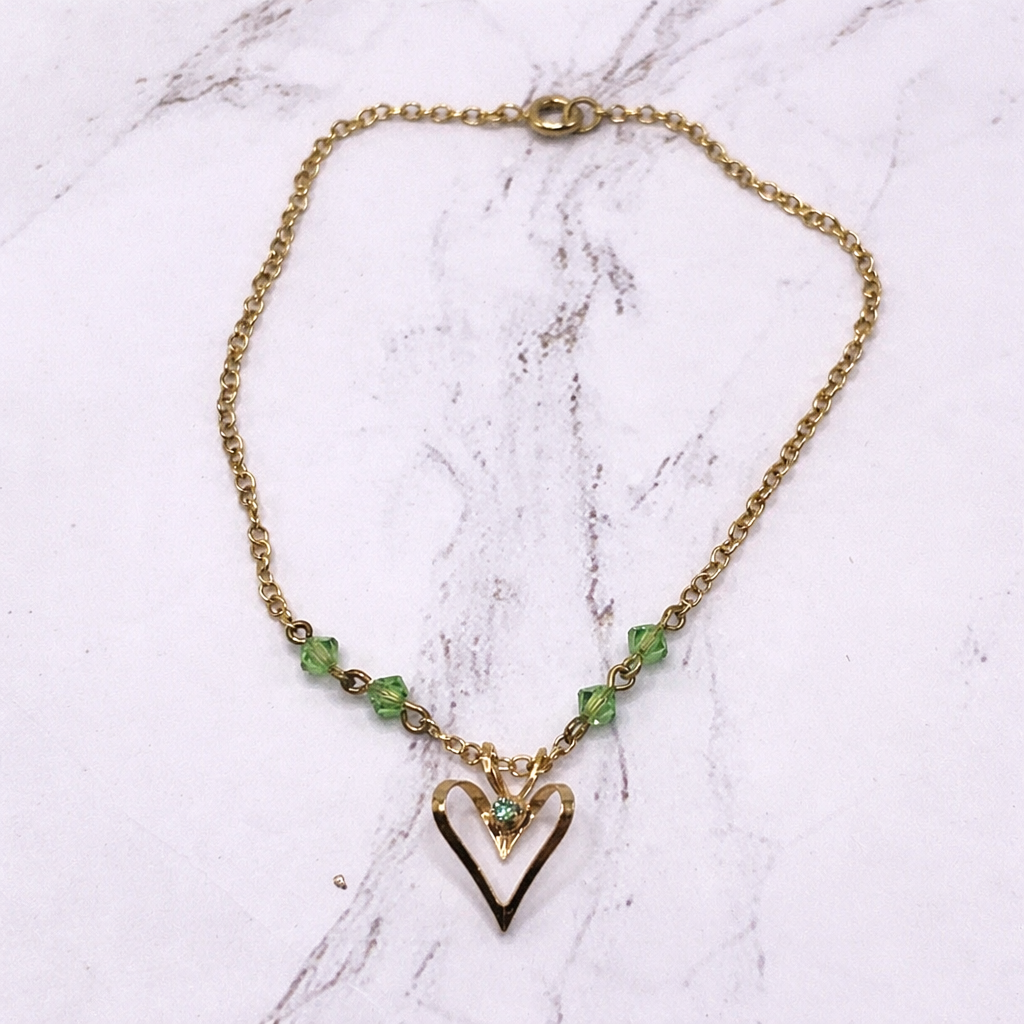 Gold Open Heart Pendant Green Glass Crystal Accent Doll Necklace • 18 Inch Doll Jewelry