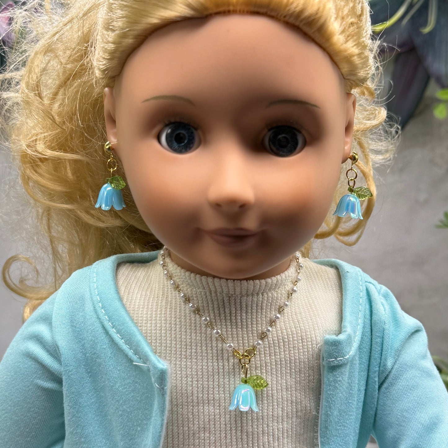 Turquoise Blue Bell Flower Lily of Valley Charm Pearl Beaded Doll Necklace & Earrings • 18 Inch Fashion Doll Jewelry