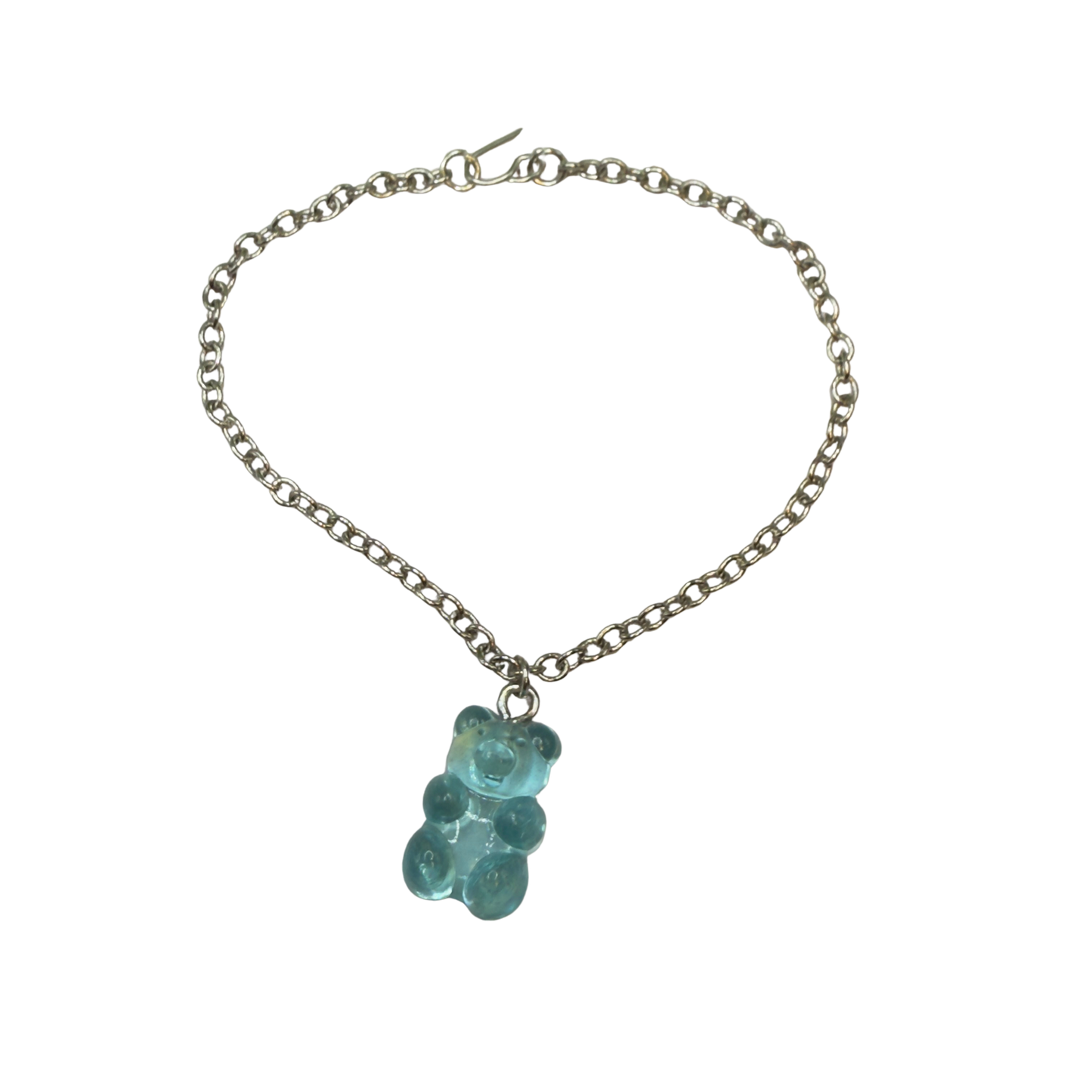 Turquoise Blue Translucent Acrylic Teddy Gummy Bear Charm Silver Chain Doll Necklace 18” Doll Jewelry