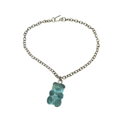 Turquoise Blue Translucent Acrylic Teddy Gummy Bear Charm Silver Chain Doll Necklace 18” Doll Jewelry