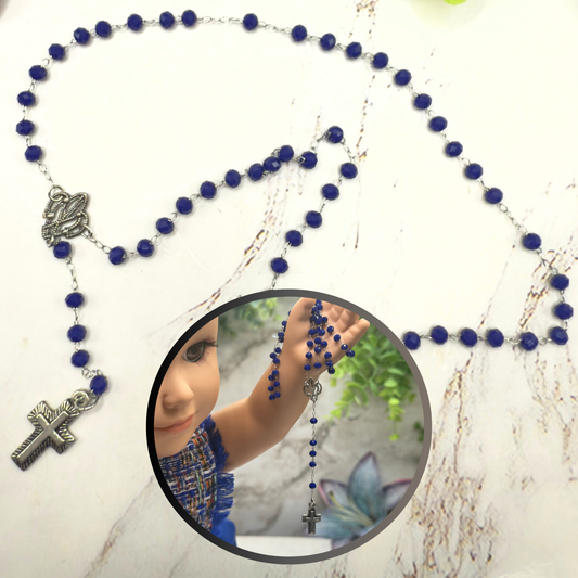 Dark Blue Glass Crystal Beaded Silver Cross • Doll Size Catholic Rosary