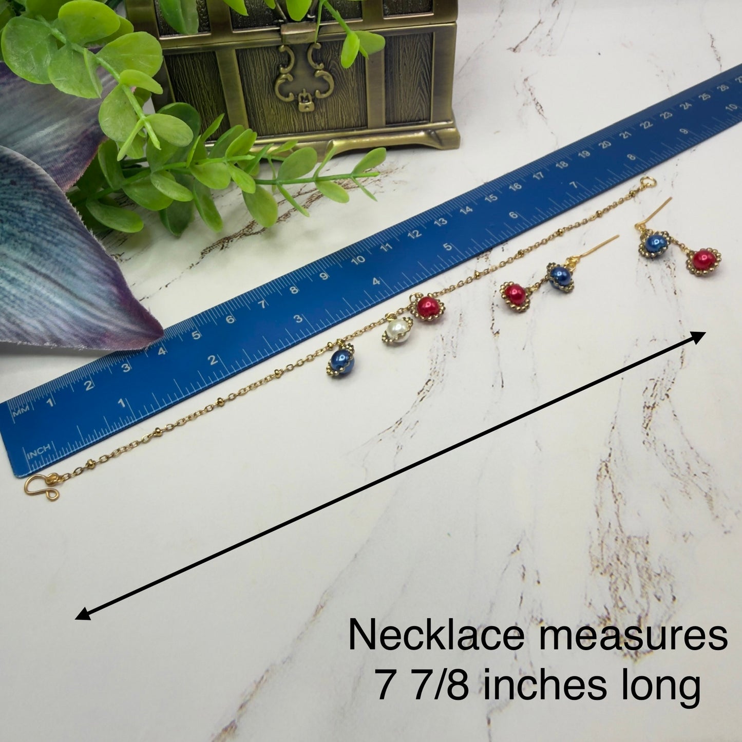 Red White Blue Pearl Dangle Gold Doll Necklace & Earrings Set for 18 Inch Fashion Doll