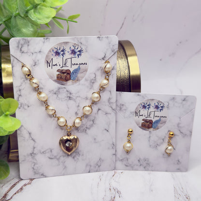 Gold Heart Rhinestone Accent Charm Pearl Link Doll Necklace & Earrings • 18 Inch Fashion Doll Jewelry
