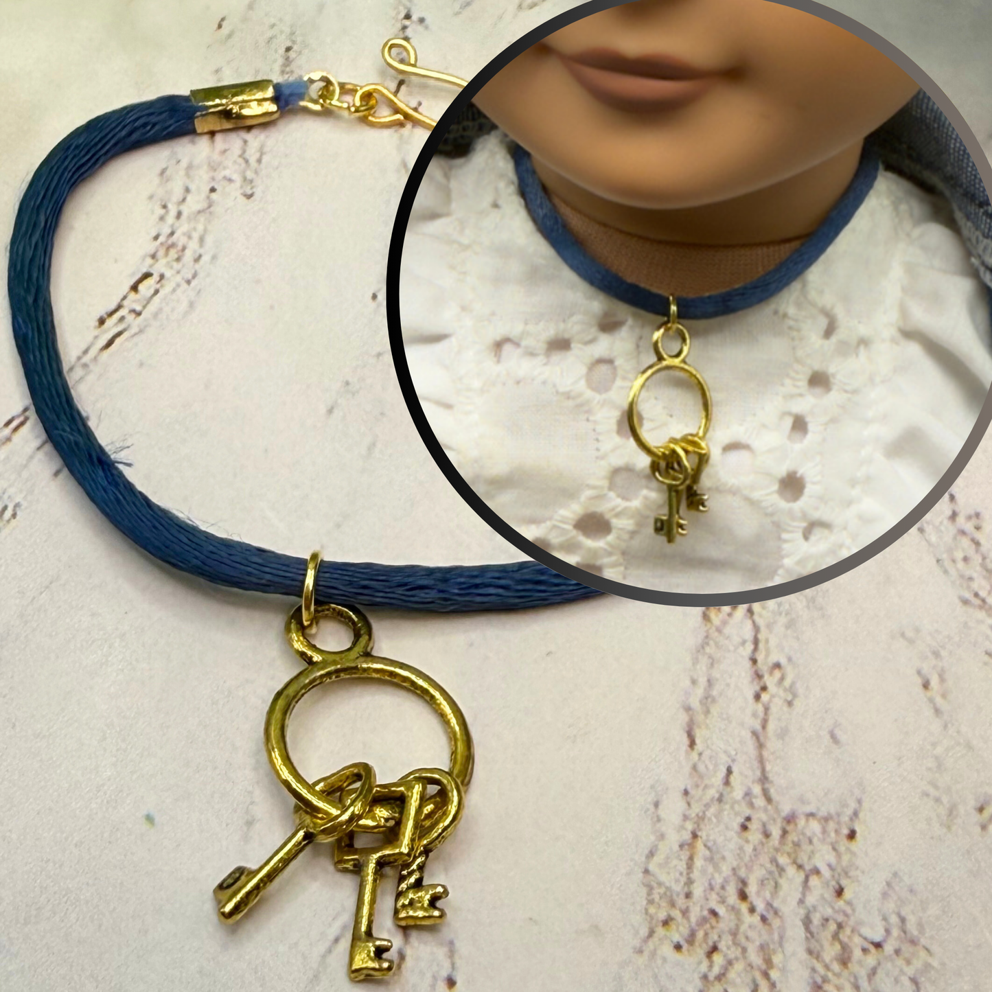 Blue Cord Gold Keys Pendant Doll Necklace • 18 Inch Fashion Doll Jewelry