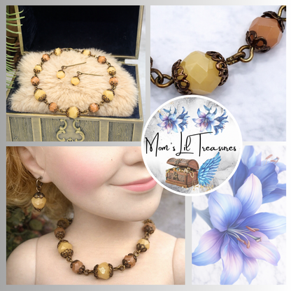 Brown Beige Bead Bronze Filigree Necklace Earrings Set for 18-22” Vintage Doll