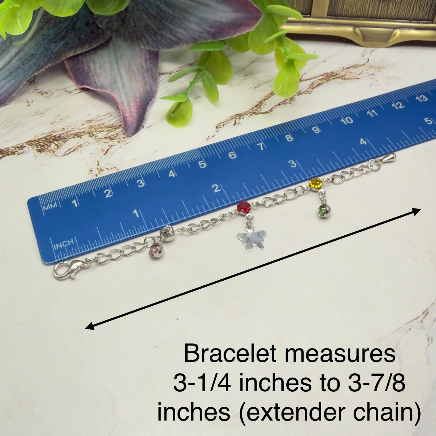 Butterfly Silver Charm and Multi-Color Rhinestone Dangle Doll Bracelet • 18 Inch Fashion Doll Jewelry