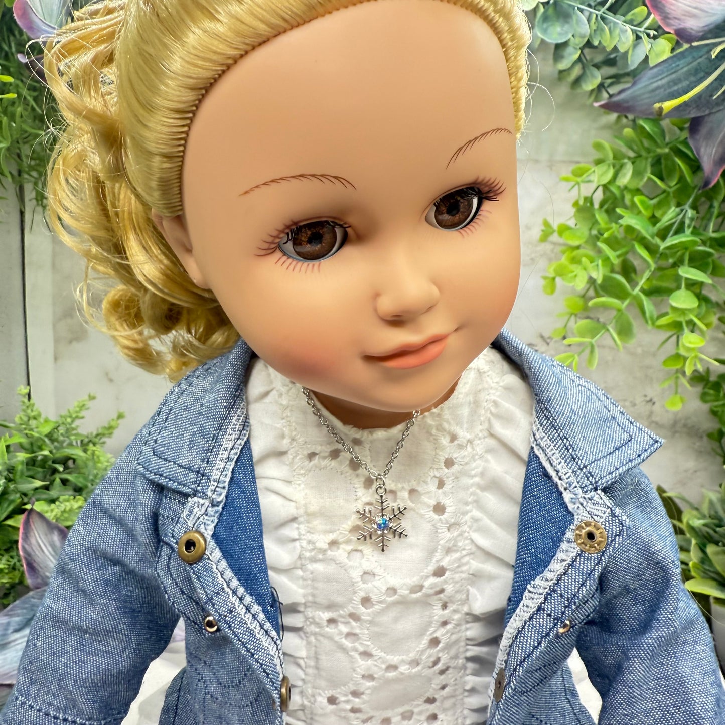 Silver Snowflake Blue Rhinestone Doll Necklace • 18 Inch Fashion Doll Jewelry