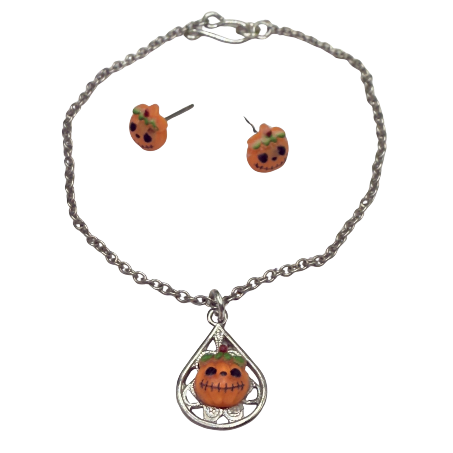 Pumpkin Halloween Pendant Silver Doll Necklace and Post Earrings • 18 Inch Fashion Doll Jewelry