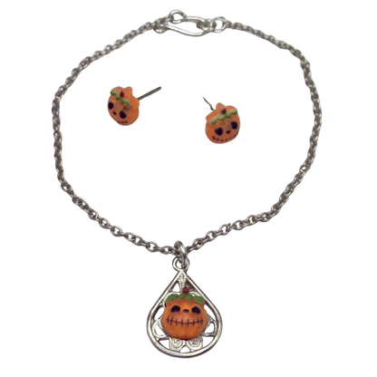 Pumpkin Halloween Pendant Silver Doll Necklace and Post Earrings • 18 Inch Fashion Doll Jewelry