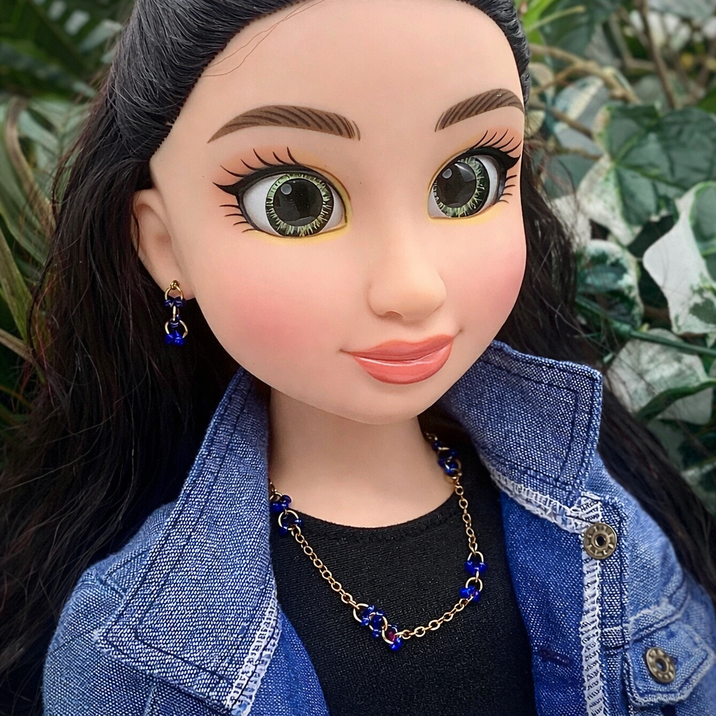 Gold Chain Blue Bead Accents Necklace Earring Set for 18 Inch Fashion Doll
