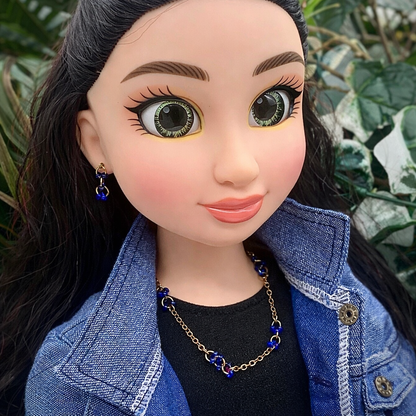 Gold Chain Blue Bead Accents Necklace Earring Set for 18 Inch Fashion Doll
