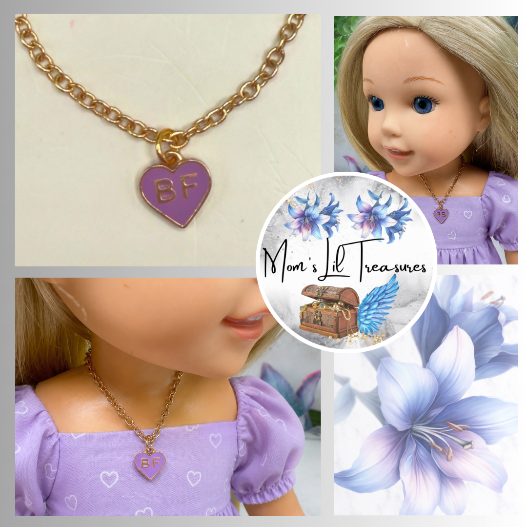 BF Purple Heart Charm Gold Chain Doll Necklace • 14 Inch Doll Jewelry