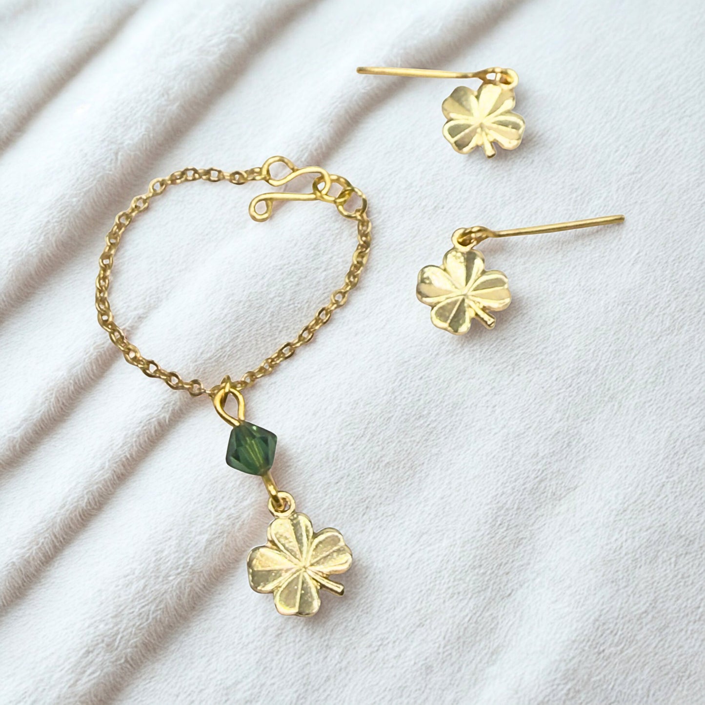 Clover Charm Green Crystal Pendant Gold Chain Doll Necklace • 16 Inch Fashion Doll Jewelry