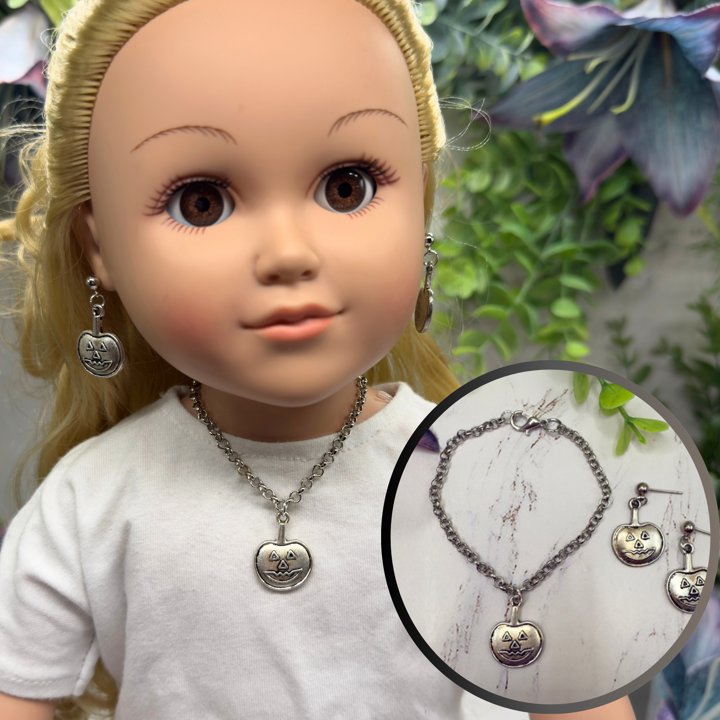Silver Pumpkin Jack-O-Lantern Halloween Charm Doll Necklace and Earrings Set • 18 Inch Fashion Doll Jewelry