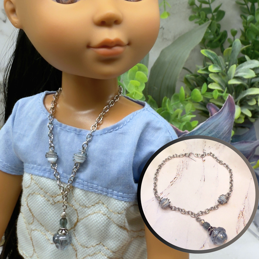 Light Blue Glass Silver Chain Pendant Doll Necklace • 14 Inch Fashion Doll Jewelry