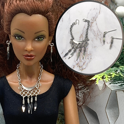 Silver Dangle Statement Doll Necklace Matching Earring Set • 16” Doll Jewelry