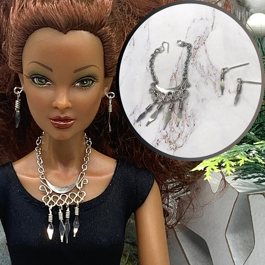 Silver Dangle Statement Doll Necklace Matching Earring Set • 16” Doll Jewelry