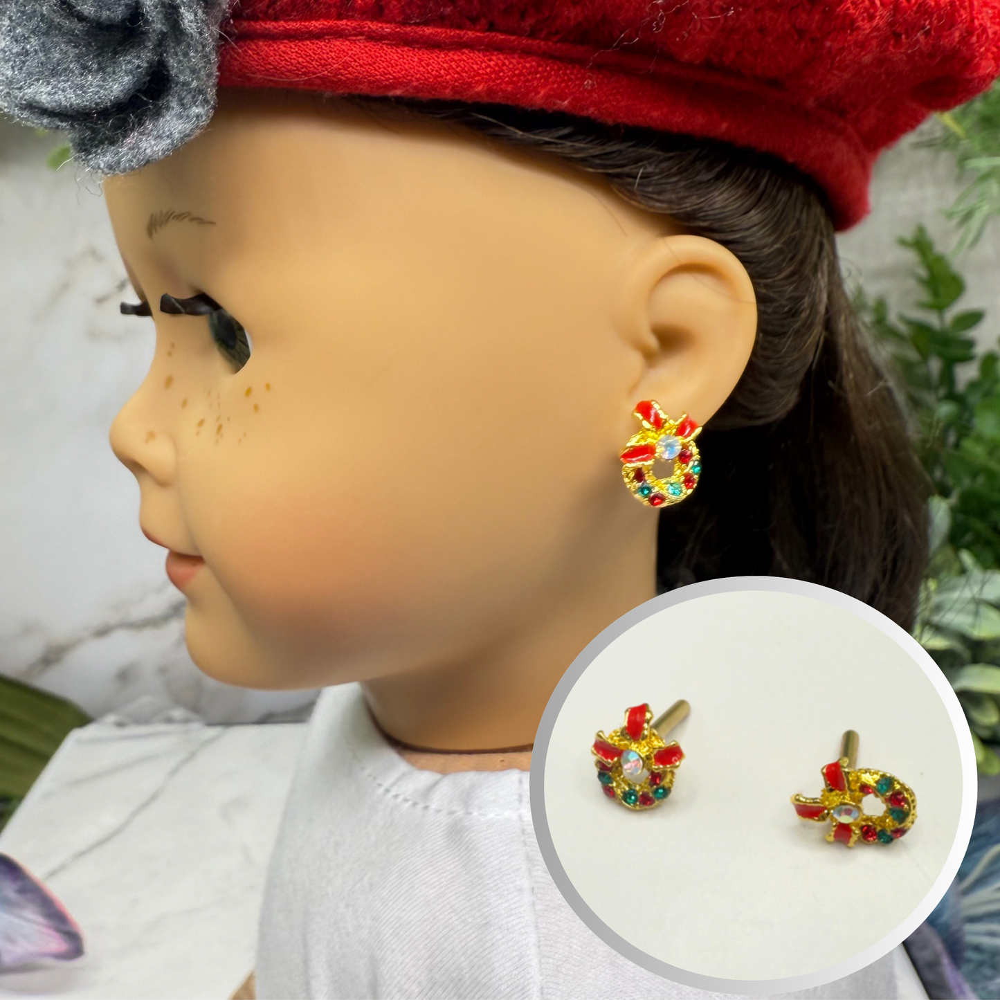 Christmas Wreath Gold Post Doll Earrings • 2mm Post for 18 Inch Fashion Doll