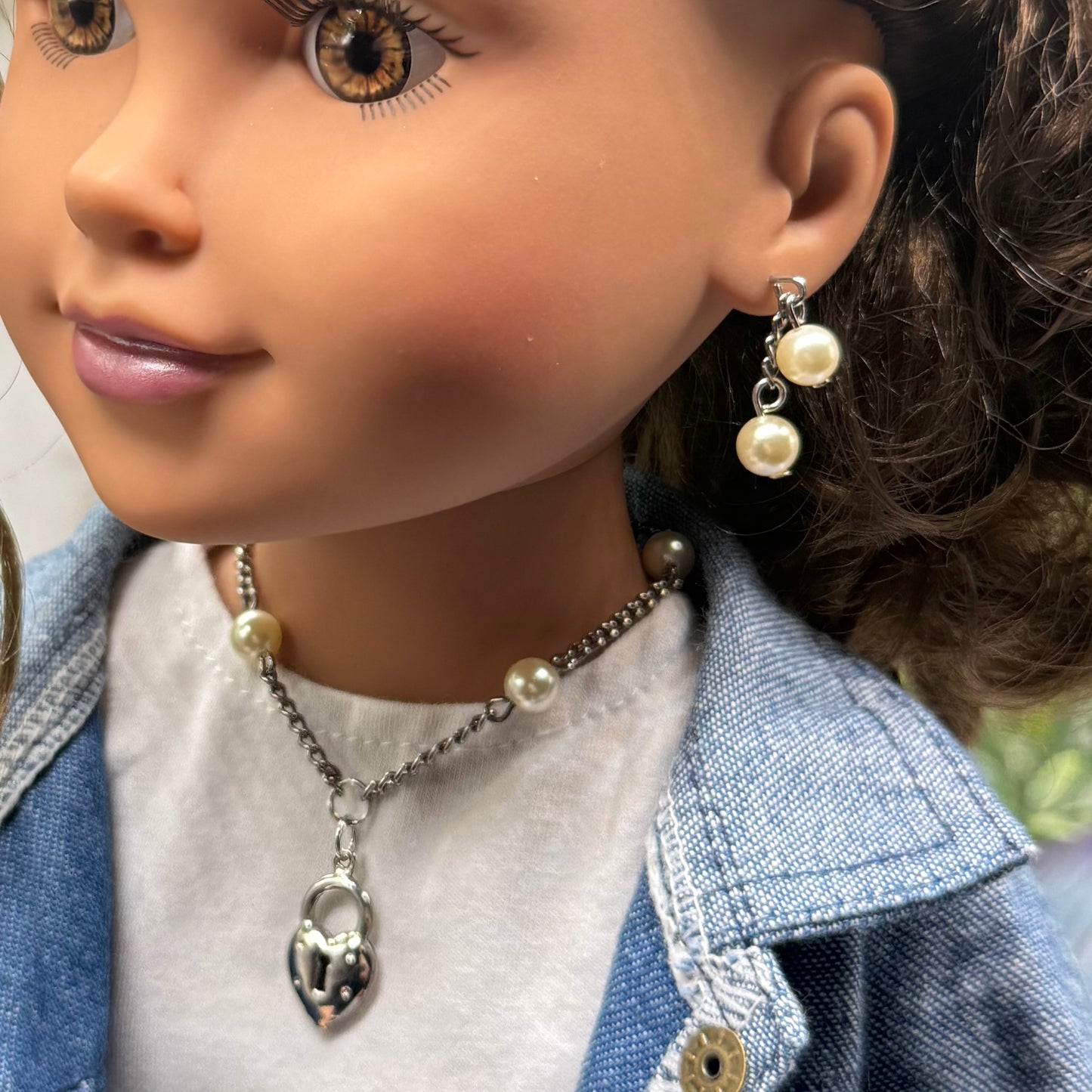 Silver Heart Lock Charm Pearl Bead Silver Chain Doll Necklace • 18 Inch Fashion Doll Jewelry