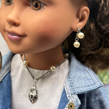 Silver Heart Lock Charm Pearl Bead Silver Chain Doll Necklace • 18 Inch Fashion Doll Jewelry
