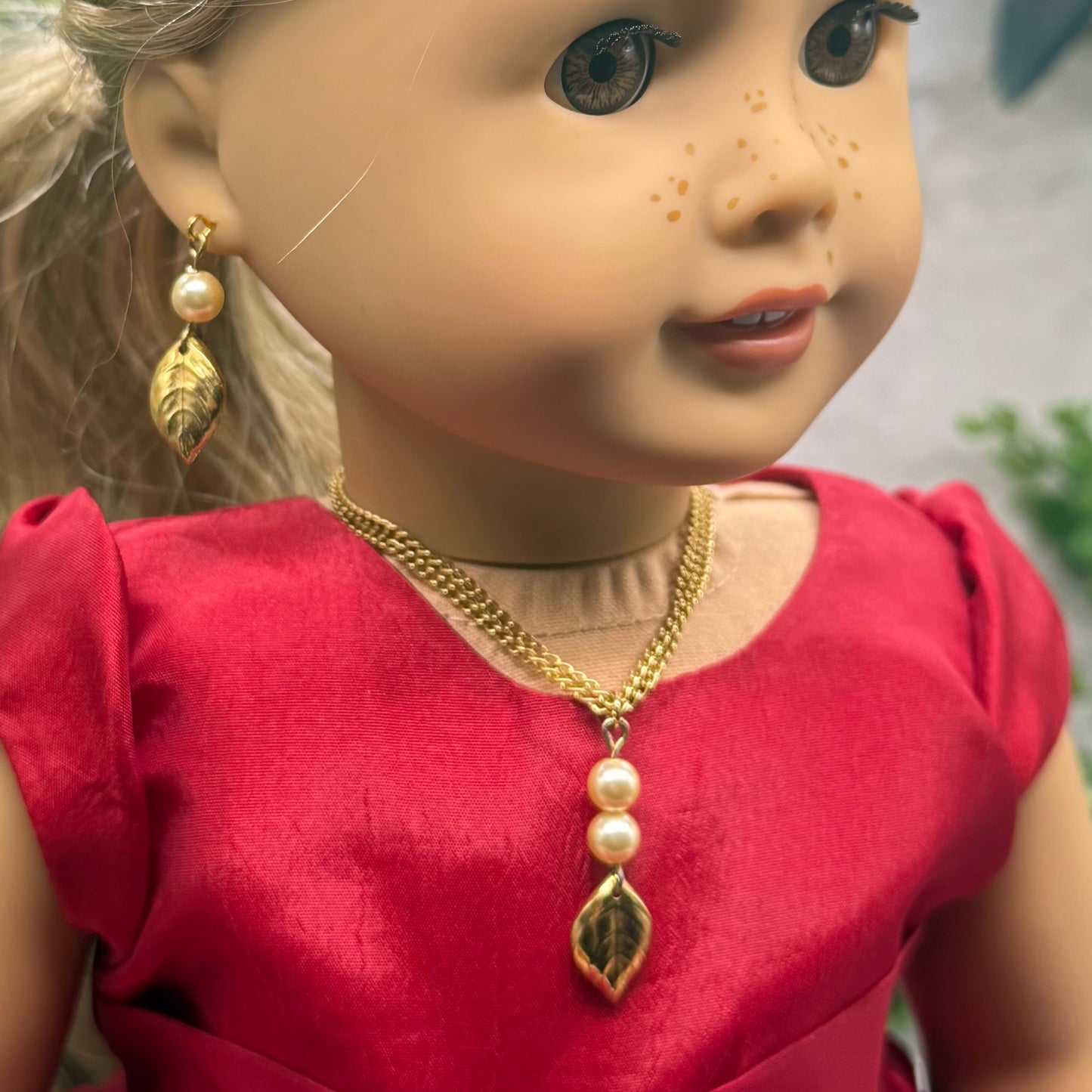 Gold Leaf & Pearl Dangle Doll Necklace & Earrings Set • 18 Inch Fashion Doll Jewelry