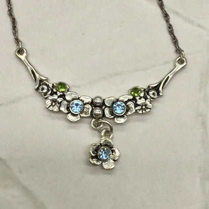 Silver Flower Design W/ Green Blue Rhinestone Doll Necklace • 18” Doll Jewelry