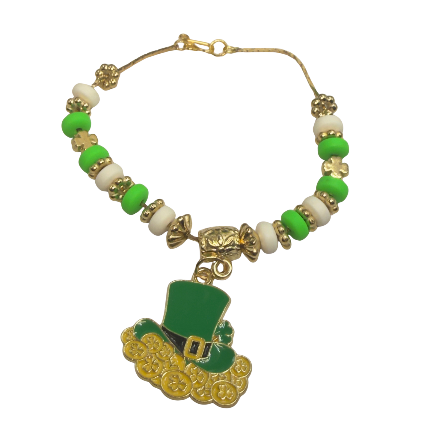 Leprechaun Hat Charm Green White Gold Beaded Doll Necklace • 18 Inch Fashion Doll Jewelry